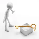 Human figure and a gold key gift. White background, conceptual